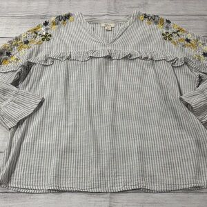 Style & Co. Gray Striped Blouse with Yellow and Charcoal Floral Embroidery